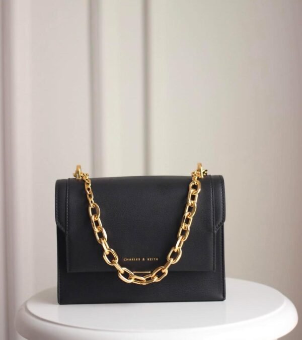 Front Flap Chain Handle Crossbody Bag - Black - Image 2